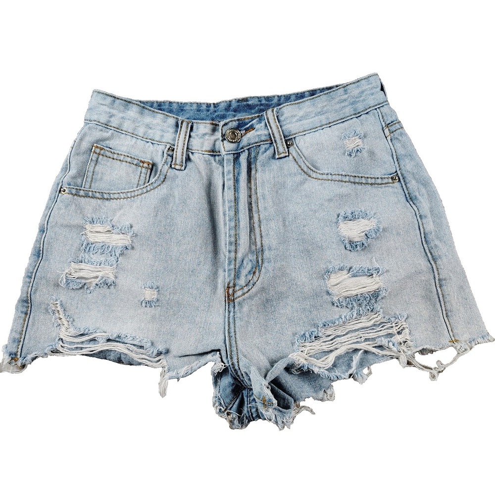 Shein XS Distressed Jean Shorts Light Blue Cutoff Raw Hem High Rise Denim 2in